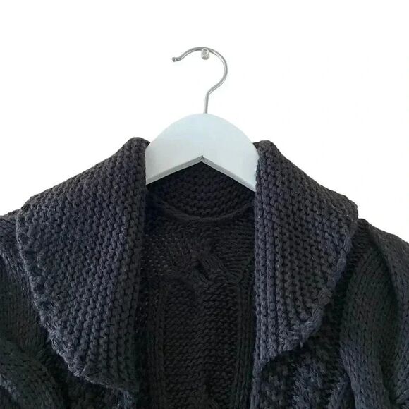 Black Knit Open Front Tie Snap Button Closure ¾ Sleeves Sweater Women’s Cardigan - Picture 2 of 13